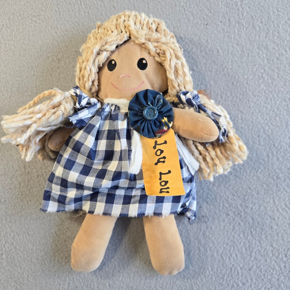 Unbranded Rag Doll Unisex 10in Blue Gingham Dress Blonde Yarn Hair Lou Lou